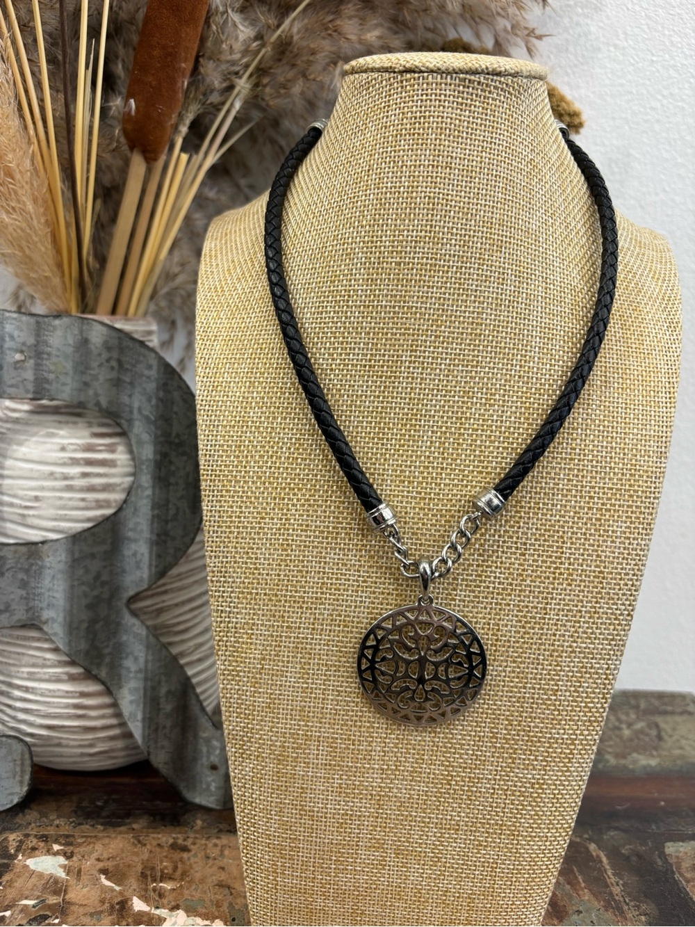 Premier Designs Black Braided Necklace with Silver Medallion